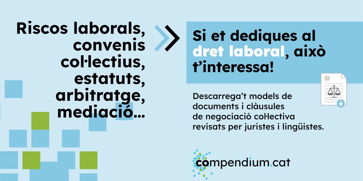 conselladvocat's tweet photo. DRET LABORAL | Et fem la feina més fàcil! 
💻A #CompendiumCat ja et pots descarregar un munt de recursos actualitzats i de qualitat: clàusules de negociació col·lectiva, convenis, riscos laborals, estatuts, arbitratge...
👉🔗https://t.co/6LXVShHKW8
Amb 🤝@ugtcatalunya https://t.co/an6sdYNk8Q