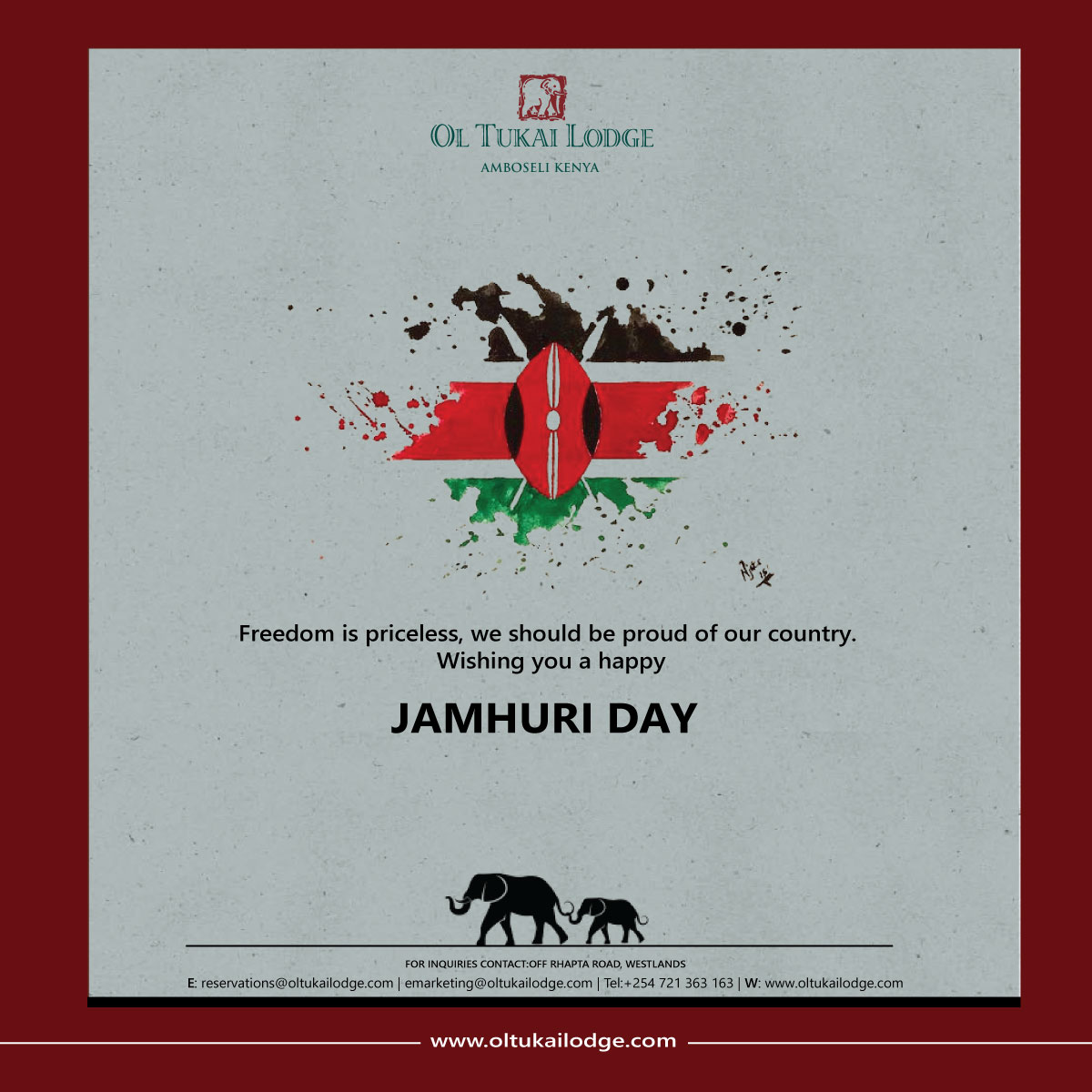 From all of us here at OL TUKAI LODGE AMBOSELI,we wish you a happy Jamhuri Day.