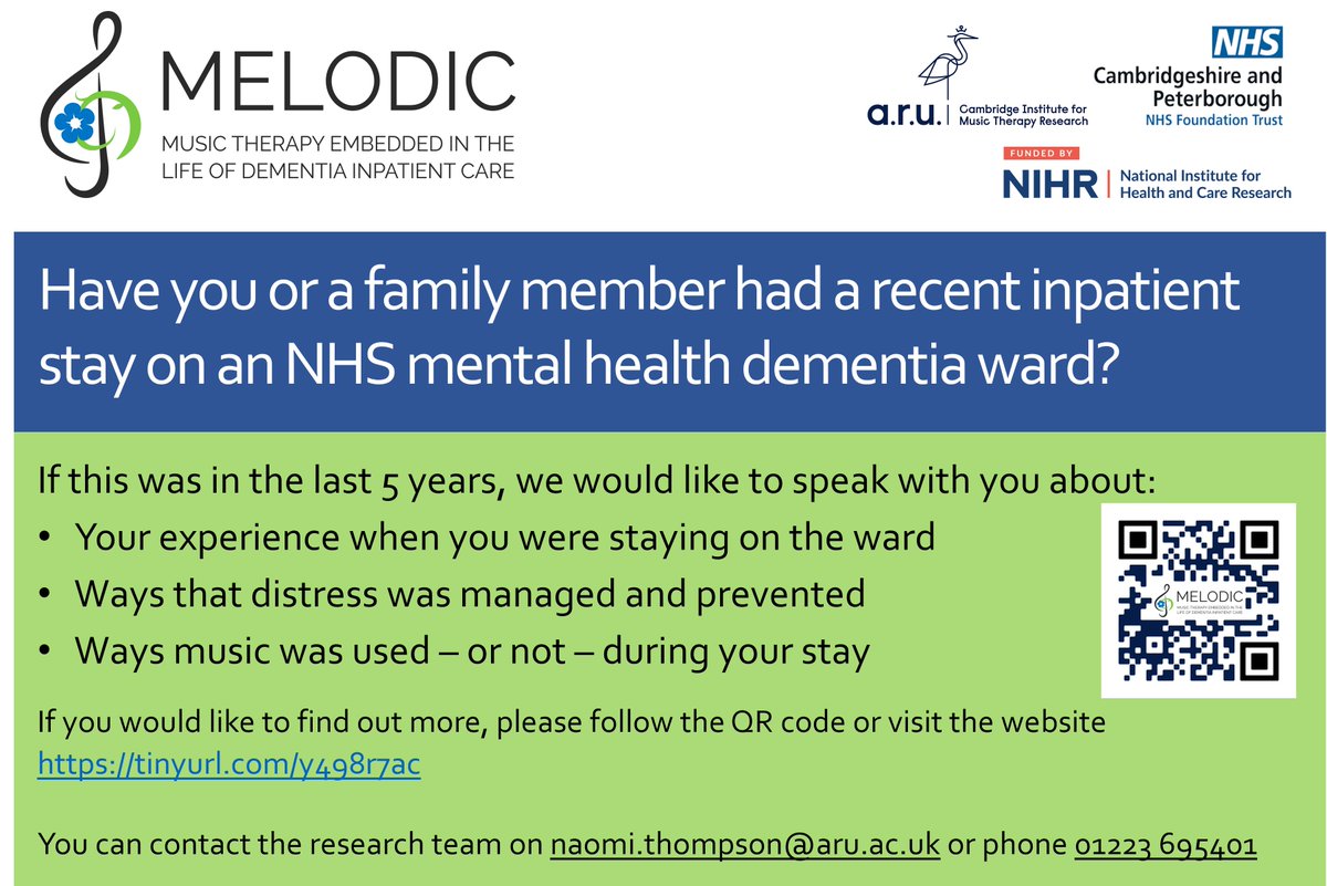 Have you supported a relative who is staying, or recently stayed, on an NHS dementia ward? We would love to speak to you about your experience for the #MELODIC study. Find out more at tinyurl.com/y498r7ac @enrich_research @DementiaUK @EWolverson @CPFTResearch @drming_hung_hsu