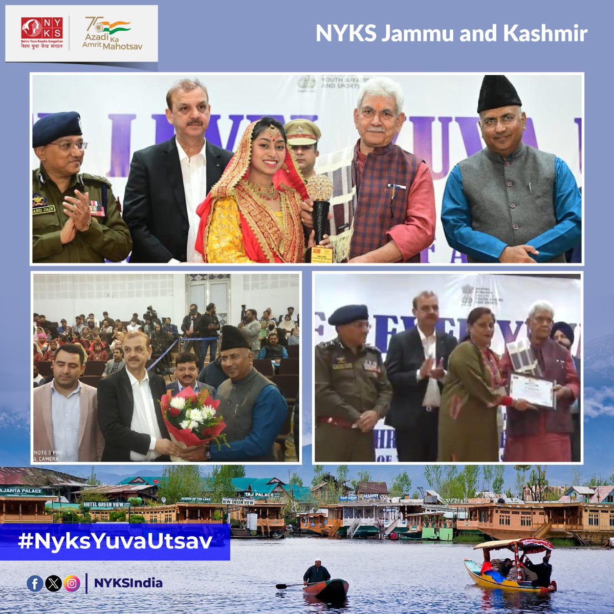 Shri Manoj Sinha, Hon'ble LG of the UT of Jammu and Kashmir and Shri Ghulam Ali Khatana, Hon'ble MP felicitated the winners at the State Level Yuva Utsav, organised by NYKS J&amp;K , where the youth exemplified the rich cultural legacy of J&amp;K.

#YuvaUtsav2023 #NyksYuvaUtsav