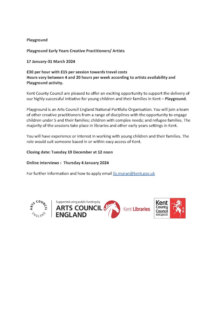 🚨Exciting new opportunity alert 🚨

We're looking for Creative Practitioners/ Artists to join
us and support the delivery of our highly successful initiative for young children and their families in #Kent.

Please share &amp; tell a friend to tell friend!

Closing date:  Tue 19 Dec