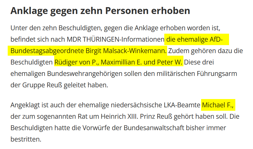 schwurbelwatch's tweet photo. Die Bundesanwaltschaft hat gegen 10 Personen der #Reichsbuerger-Gruppe um Prinz Reuß Anklage erhoben.
Mit dabei: die ehemalige AfD-Bundestagsabgeordnete Birgit Malsack-Winkemann, Maximilian Eder und #MichaelFritsch ("Spitzenkandidat für #dieBasis").
https://t.co/t2C7ZKh5J8 https://t.co/3tGC19yoZw