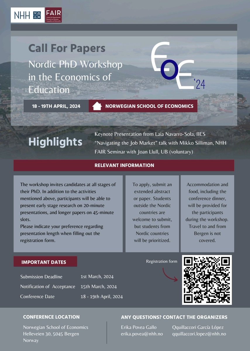 Natalie Irmert (@natalieirmert) on Twitter photo ๐ข Nordic PhD Workshop in the Economics of Education
Thanks so much <a href="/erika_povea/">Erika Povea</a> and Qquillaccori for organizing the 2024 edition at <a href="/NHHEcon/">NHH Department of Economics</a>!! ๐ข Nordic PhD Workshop in the Economics of Education
Thanks so much <a href="/erika_povea/">Erika Povea</a> and Qquillaccori for organizing the 2024 edition at <a href="/NHHEcon/">NHH Department of Economics</a>!!