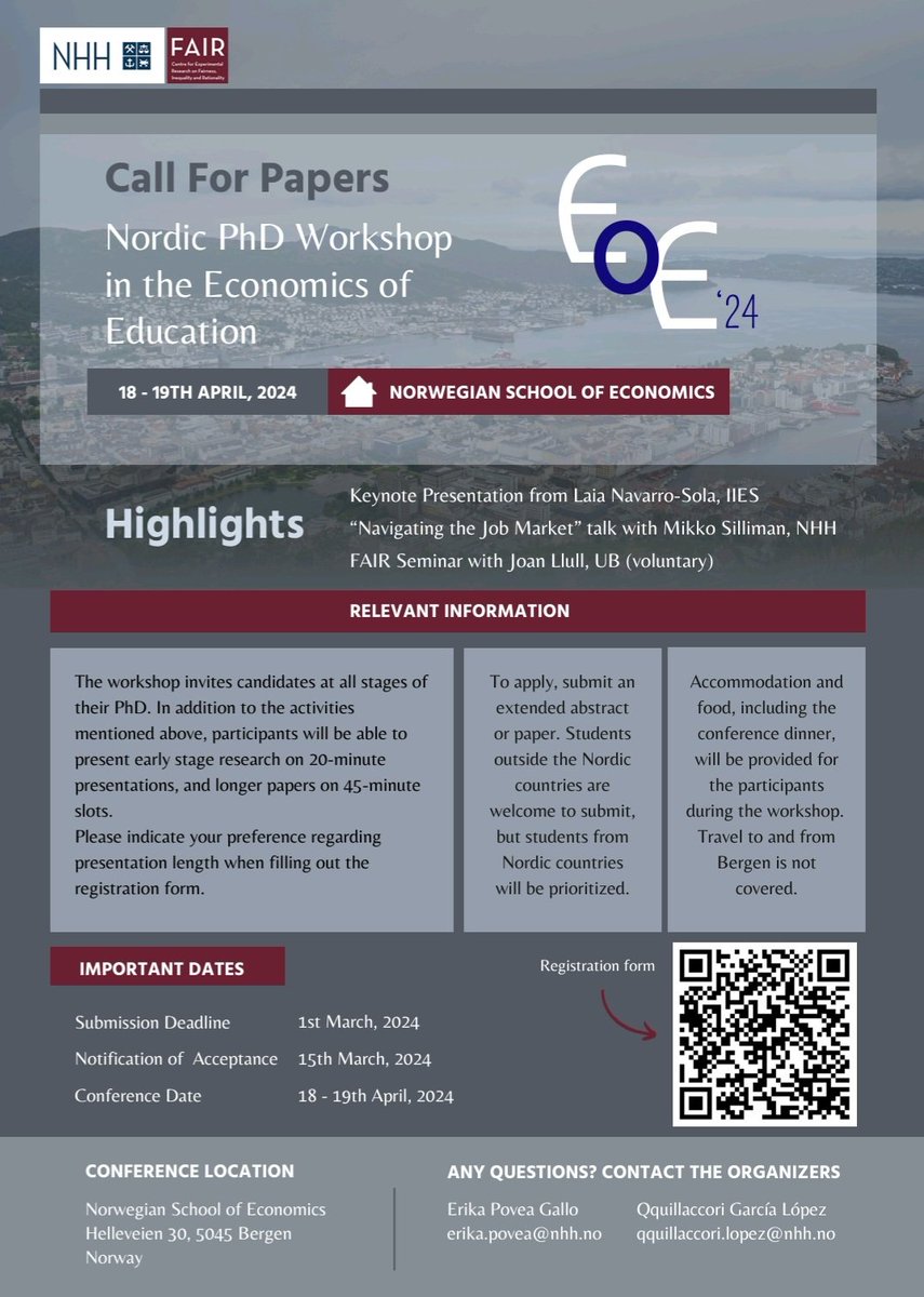 📢 Nordic PhD Workshop in the Economics of Education Thanks so much @erika_povea and Qquillaccori for organizing the 2024 edition at @NHHEcon!!