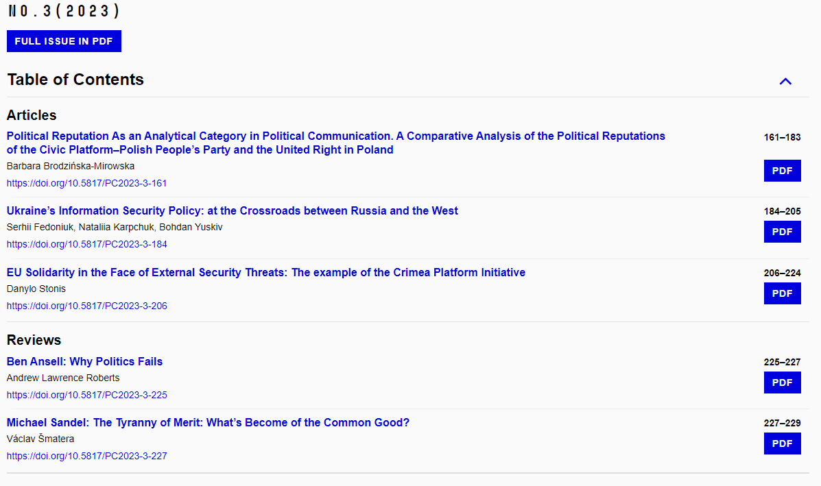🚨A friendly reminder🚨 that 3/23 is online, ready to be read &amp; cited 😉
What´s inside?
- Study on 🇺🇦 security policy 
- @BasiaBrodzinska´s take on political reputation in 🇵🇱 politics
- A timely take on 🇪🇺 solidarity
- Reviews by A. Roberts and V. Šmatera 
czechpolsci.eu