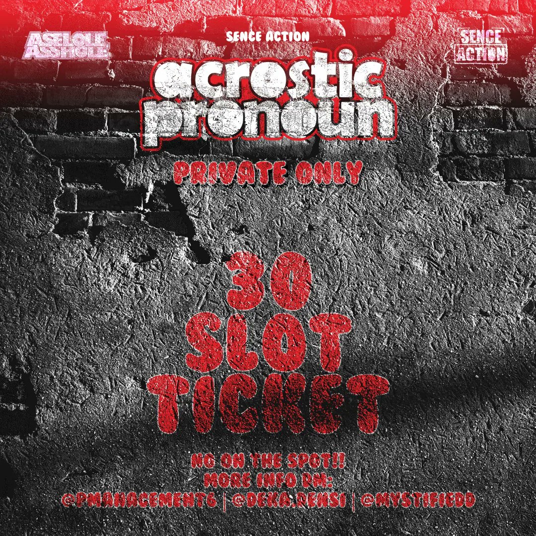 📝hello guys, we're to announce for the rules 📝 check this out⚡
23 December 2023
19:00 - 22:00 WIB
Venue Ask ing Alex and Ria (panitia)
ticketing: 20k (No Ticket! No Show!)

NB:
🚨 PRIVATE ONLY 🔒
Parkir yang Tertibz! 🚲🛵🚗
#pmanagement #aseloleasshole #senceaction #gigsphoria