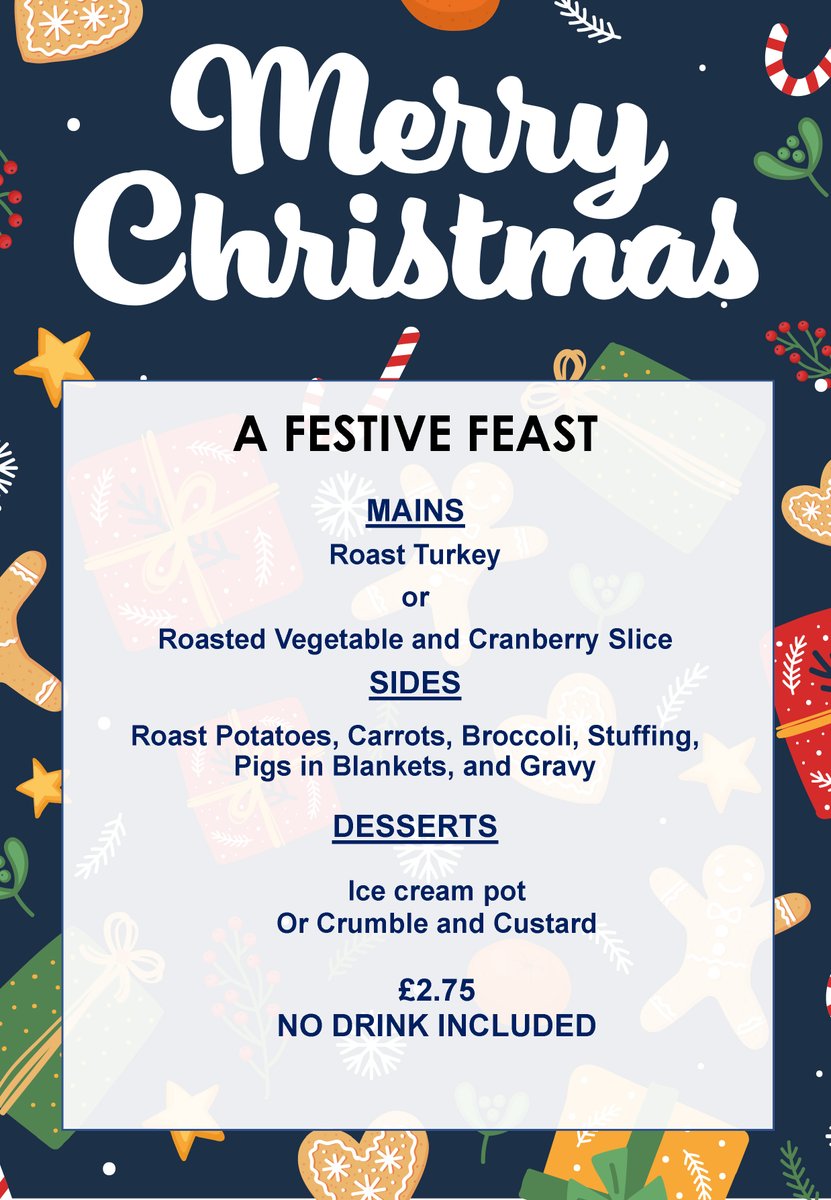 🎄✨ Join us for a Festive Feast on Dec 13! 
🍗 Roast Turkey or Veggie Slice, with sides and dessert for £2.75. No mid-morning break. 🌟 #ChristmasDinner #FestiveFeast 🎄🍽️