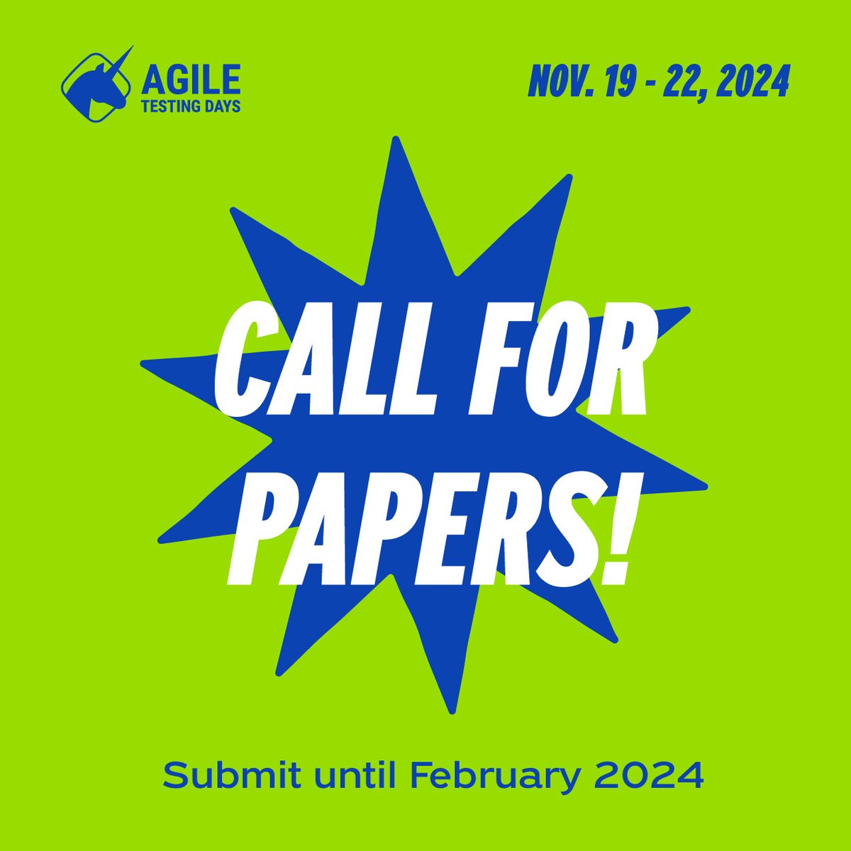 🌈 Your Voice Matters in Software Testing! 📣
Be a part of Agile Testing Days 2024 as a speaker!
📆 Proposals accepted until February 11, 2024
Whether it's a fresh perspective or a deep-dive workshop, find submission guidelines on bit.ly/3Gt1Ync
