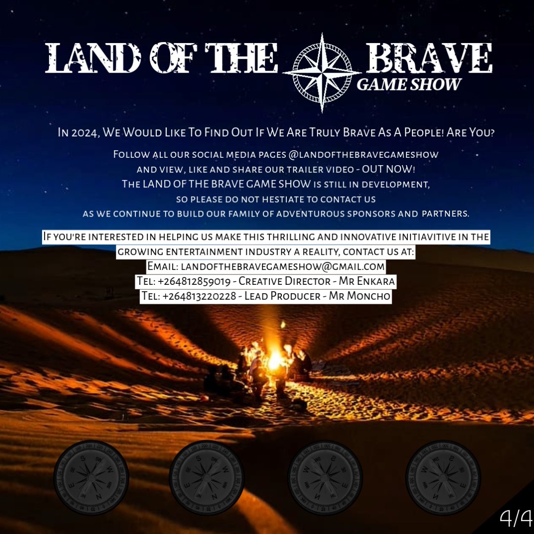 4) How can sponsors and partners get involved?

In 2024, We Would Like To Find Out If We Are Truly Brave Enough! Are You?

#landofthebrave #landofthebravegameshow #gameshow #namibia #comingsoon2024