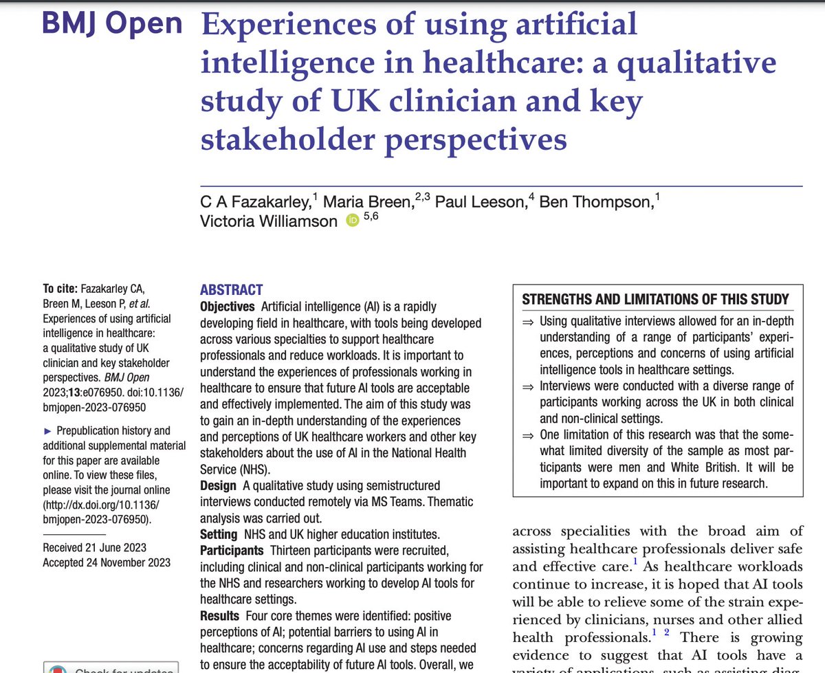 New paper on clinician & stakeholder perspectives of using #AI tools in patient care - overall, AI tools were considered beneficial but concerns about data protection as well as inconsistent IT systems across the #NHS are barriers to implementation. 👉tiny.cc/l3uhvz