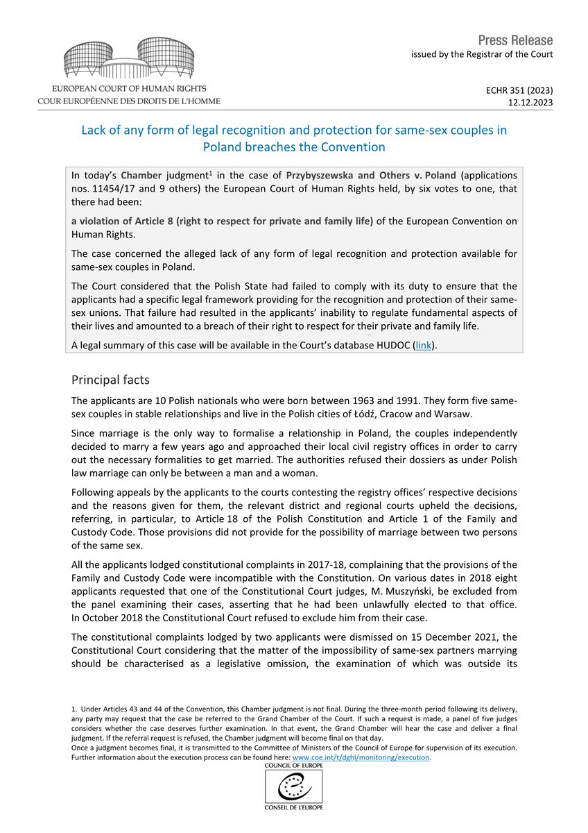 Judgment Przybyszewska v. Poland - Lack of any form of legal recognition and protection for same-sex couples in Poland breaches the Convention
hudoc.echr.coe.int/app/conversion…
#ECHR #CEDH #ECHRpress