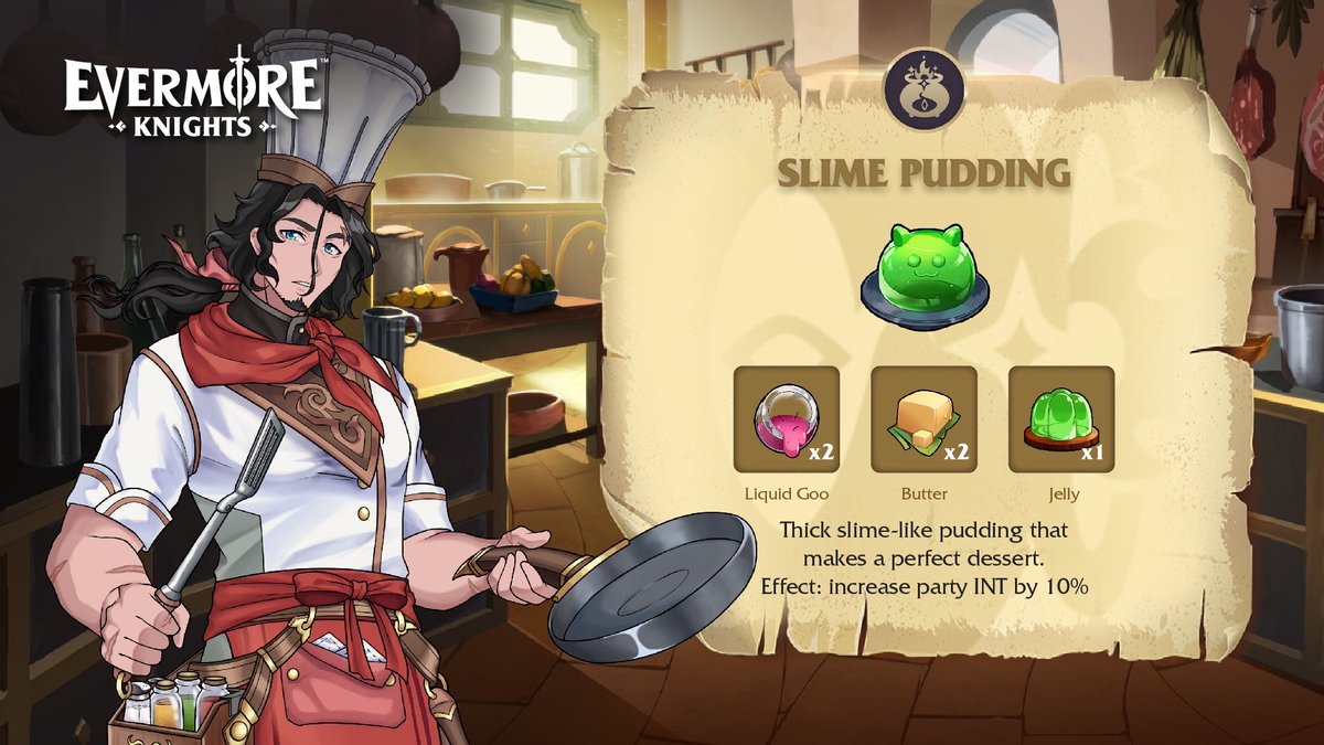 EvermoreKnights's tweet image. It’s time to cook! 

Save the recipe for “Slime Pudding” dessert. 🍮

This flavorful and fresh delight not only satisfies the taste buds but also boosts the party’s INT by 10%⚔️

#EvermoreKnights #JRPG #GameFi #Game #TipsNTrick #Turnbased #FreeToPlay