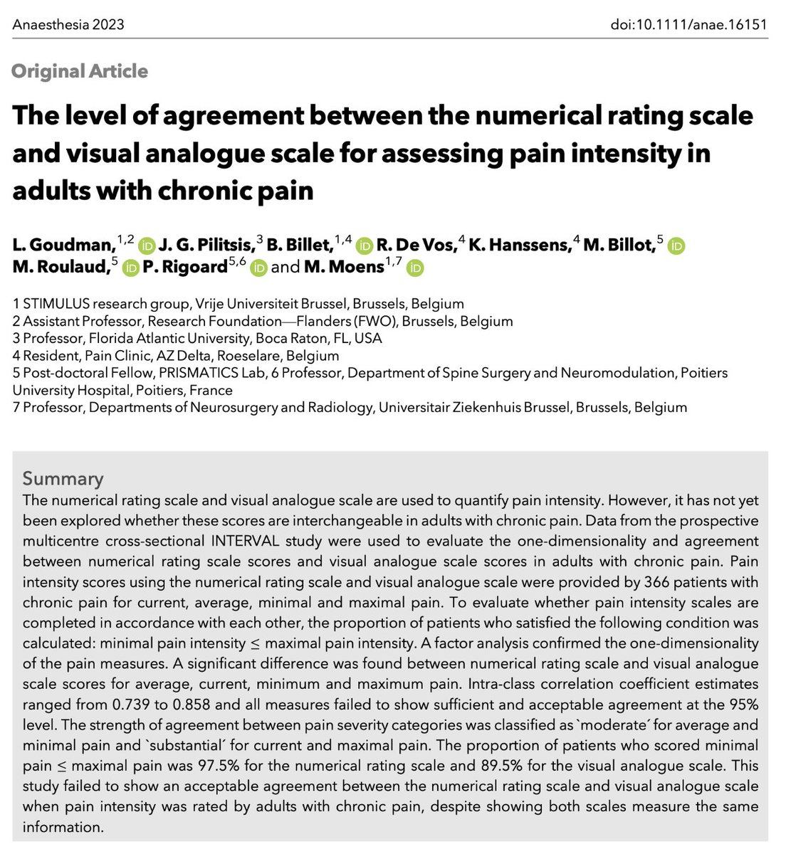 🔓The level of agreement between the numerical rating scale and visual analogue scale for assessing pain intensity in adults with chronic pain.

This great new paper is available now on #EarlyView and is #FreeForAWeek!

🔗…-publications.onlinelibrary.wiley.com/doi/10.1111/an…