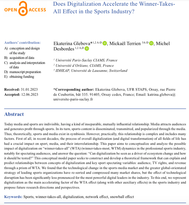 PCSSR1's tweet photo. Does Digitalization Accelerate the Winner-Takes-All Effect in the Sports Industry? To find out have a look at this paper 👇

💻 Open access: https://t.co/lNm3btFCDU

#Sports, #winner-#takes-#all, #digitalization, #network #effect, #snowballeffect https://t.co/NKeOQrt8fC