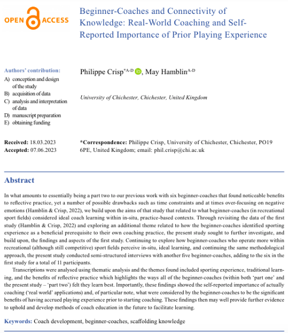PCSSR1's tweet photo. Paper "Beginner-Coaches and Connectivity of Knowledge: Real-World Coaching and Self-Reported Importance of Prior Playing Experience" is now available online 👇

💻 Open access: https://t.co/EDCjF1jW26

#Coach #development, #beginner-#coaches, #scaffolding #knowledge https://t.co/k3skgcFu6y