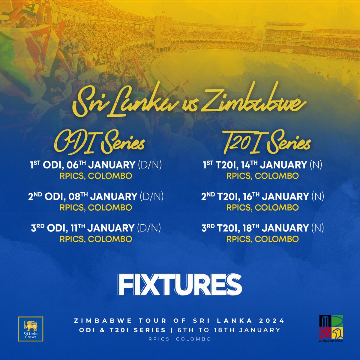 The Zimbabwe national men’s team will tour Sri Lanka during January 2024 for a white-ball tour consisting of three ODIs and three T20Is. The Zimbabweans will arrive in the country on January 3, 2024. #SLvZIM