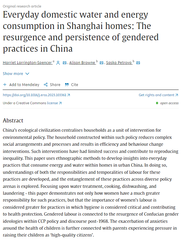 Happy to share a new article from my PhD on 'Everyday domestic water & energy consumption in Shanghai homes', co-authored w/ @dralibrowne & @SaskaPetrova1 In the paper we explore domestic labour in the context of gendered Chinese Communist Party policy sciencedirect.com/science/articl…