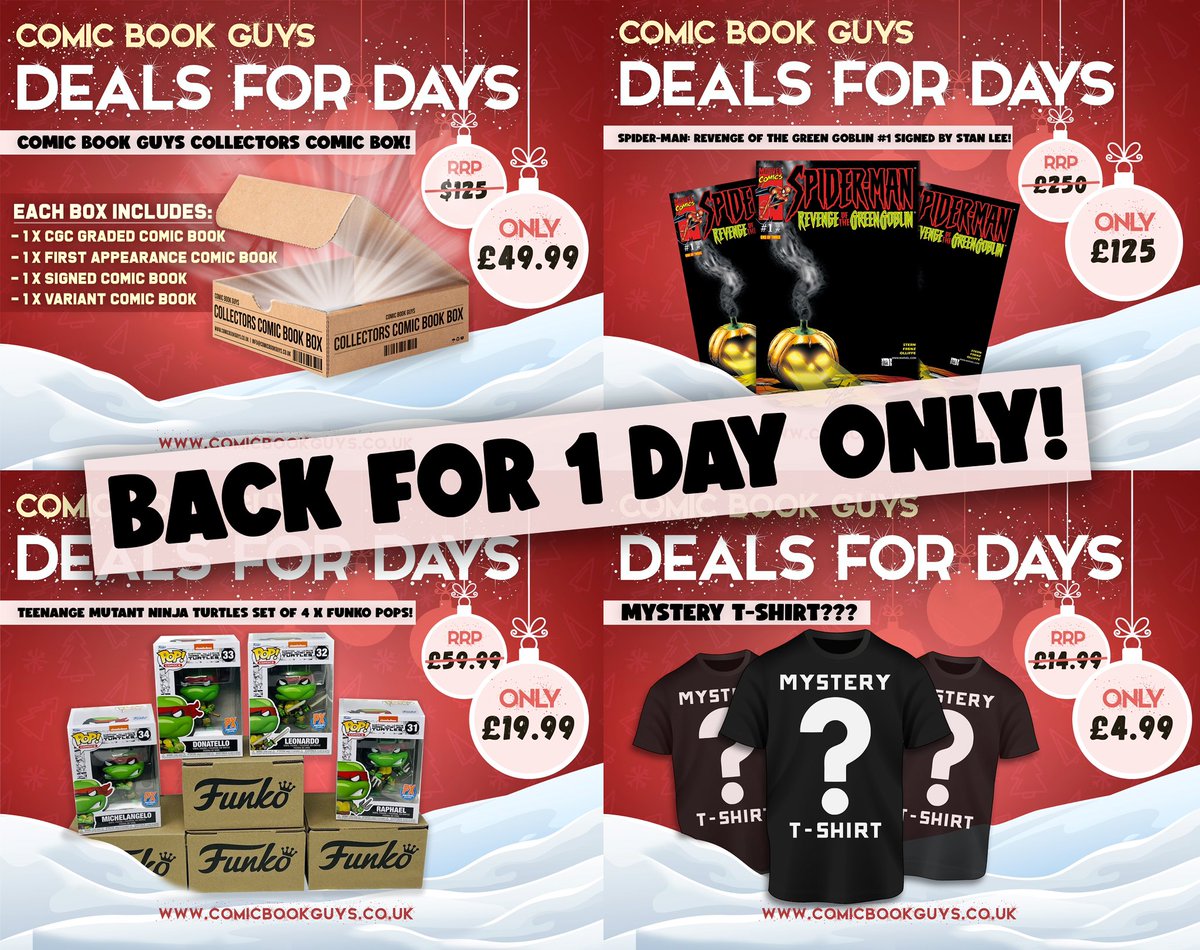Comic Book Guys (@comicbookguysni) on Twitter photo 🎉 FINAL CALL - 2023 CBGMAS deals🎄
Our best sellers back for 1 day only:
🎁 50% off CBG Collector Box
comicbookguys.co.uk/cbgmas-2023-co…
🎁 66% off TMNT Funko Pops Set
comicbookguys.co.uk/cbgmas-2023-px…
🎁 66% off Mystery T-Shirt
comicbookguys.co.uk/cbgmas-2023-my…
Be quick - limited stock!🏃♂️💨
Excelsior! 🎉 FINAL CALL - 2023 CBGMAS deals🎄
Our best sellers back for 1 day only:
🎁 50% off CBG Collector Box
comicbookguys.co.uk/cbgmas-2023-co…
🎁 66% off TMNT Funko Pops Set
comicbookguys.co.uk/cbgmas-2023-px…
🎁 66% off Mystery T-Shirt
comicbookguys.co.uk/cbgmas-2023-my…
Be quick - limited stock!🏃♂️💨
Excelsior!