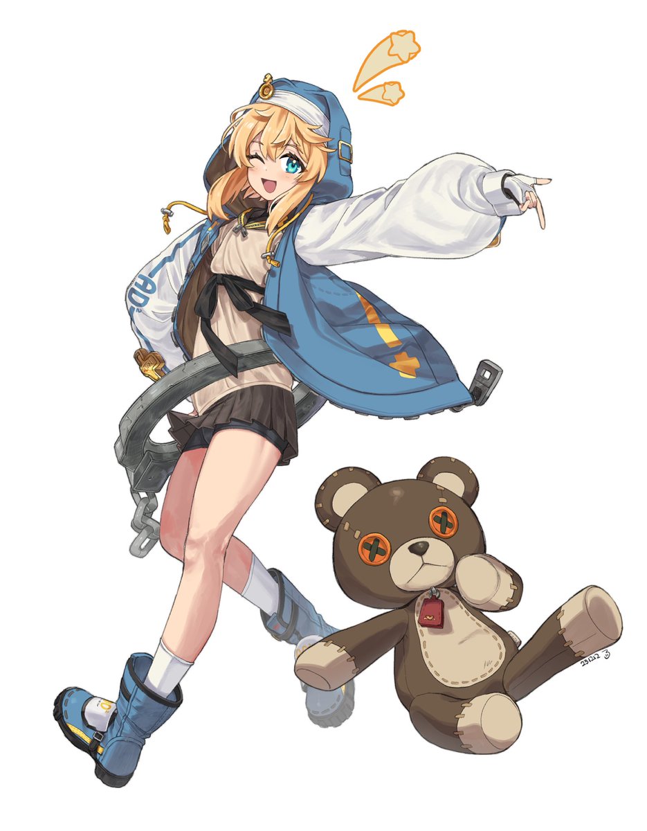 bridget (guilty gear) ,roger (guilty gear) teddy bear 1boy otoko no ko male focus one eye closed stuffed toy stuffed animal  illustration images