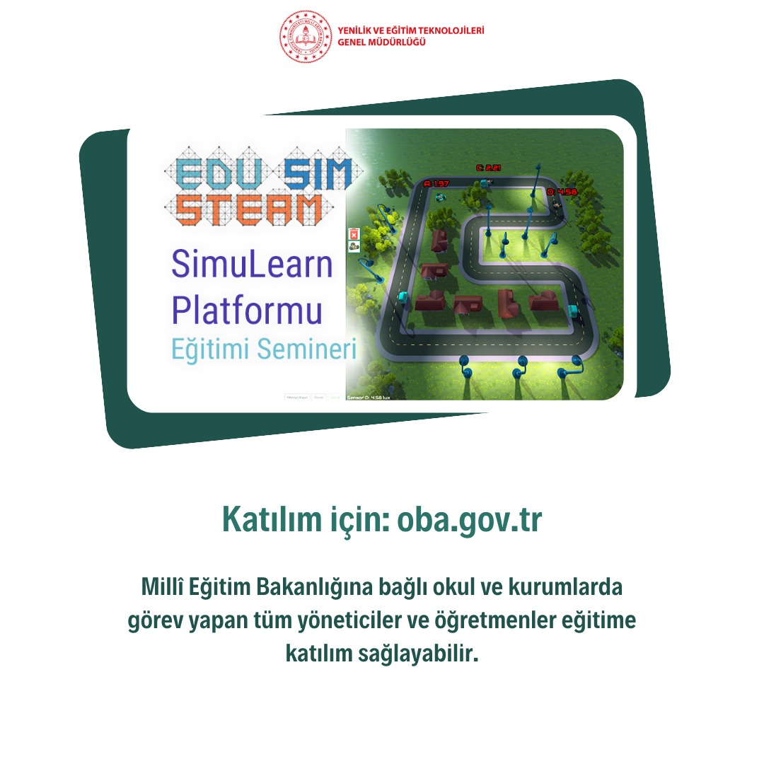 Yenilik ve Eğitim Teknolojileri Genel Müdürlüğü (@mebyegitek) on Twitter photo EDUSIMSTEAM SimuLearn Platformu Eğitimi Semineri ÖBA’da!
Millî Eğitim Bakanlığına bağlı okul ve kurumlarda görev yapan tüm yöneticiler ve öğretmenler eğitime katılım sağlayabilir.
<a href="/tcmeb/">Millî Eğitim Bakanlığı</a>
<a href="/Yusuf__Tekin/">Yusuf Tekin</a>
<a href="/mebyegitek/">Yenilik ve Eğitim Teknolojileri Genel Müdürlüğü</a>
Katılım için: meb.ai/UjNZlpf EDUSIMSTEAM SimuLearn Platformu Eğitimi Semineri ÖBA’da!
Millî Eğitim Bakanlığına bağlı okul ve kurumlarda görev yapan tüm yöneticiler ve öğretmenler eğitime katılım sağlayabilir.
<a href="/tcmeb/">Millî Eğitim Bakanlığı</a>
<a href="/Yusuf__Tekin/">Yusuf Tekin</a>
<a href="/mebyegitek/">Yenilik ve Eğitim Teknolojileri Genel Müdürlüğü</a>
Katılım için: meb.ai/UjNZlpf