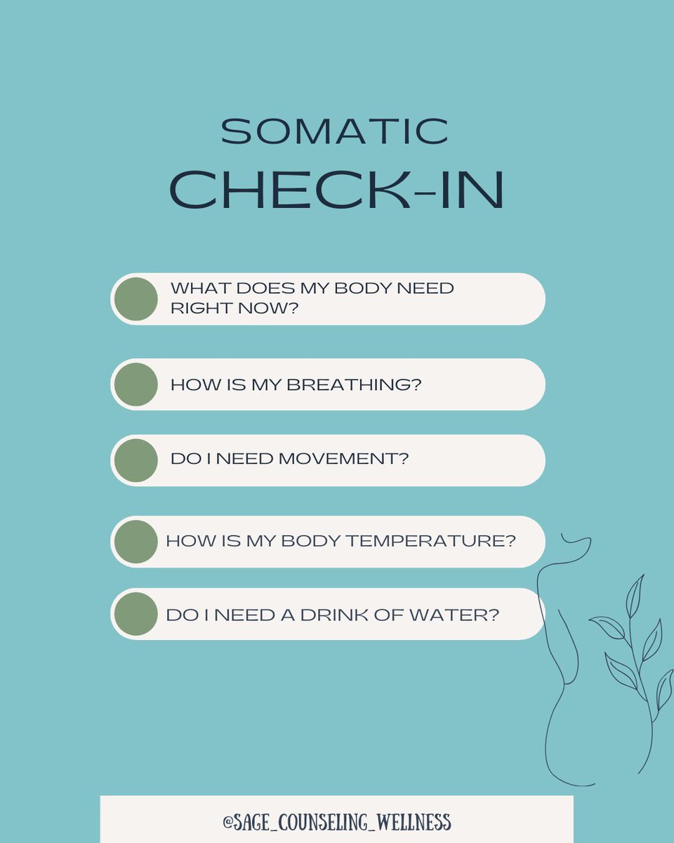 Time for a somatic check in with ourselves 🧘🏽‍♀️✨ What are you needing in this moment? 

#mindfulness #somatictherapy #somatichealing #somaticexperiencing #selfhelptools #wellnessreminder