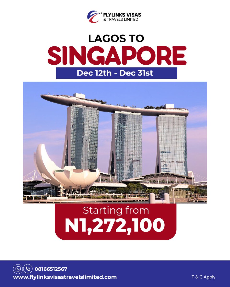 Here's the deal you need for your next one-way flight to Singapore.

Offer runs from: December 12th to December 31st.

#flylinksvisasandtravels #affordableflights