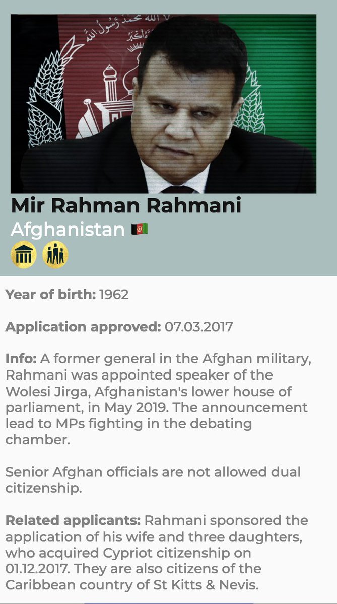 Our #CyprusPapers investigation revealed that Mir Rahman Rahmani bought EU citizenship through Cyprus’ golden passport scheme. The former speaker of #Afghanistan's Parliament has been sanctioned by the US for misappropriating millions of dollars. 👉 i-unit.io/s5uv1d