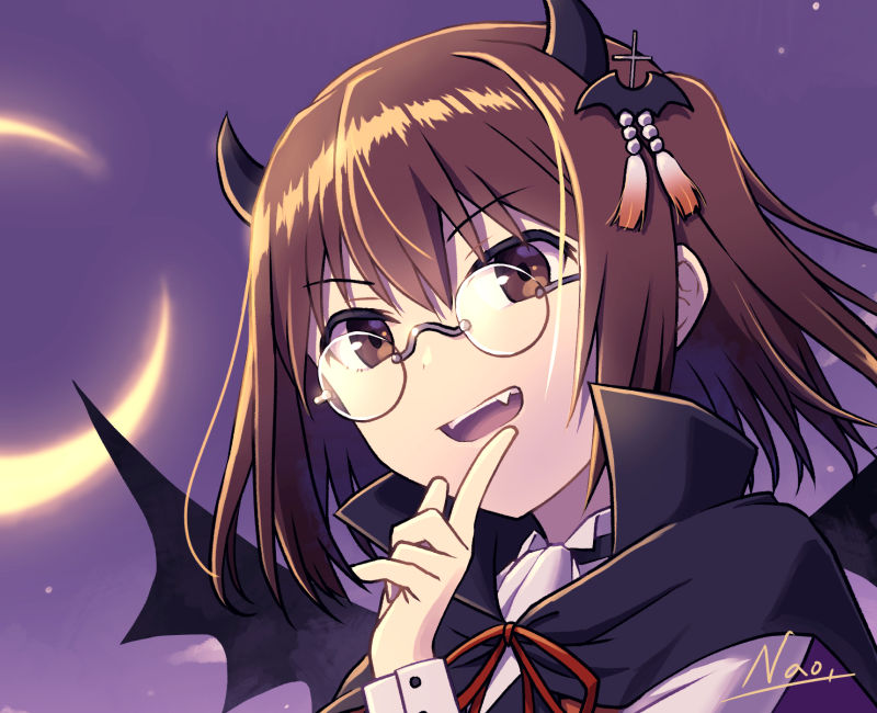 sendai (kancolle) 1girl solo glasses brown hair brown eyes crescent moon black cape  illustration images