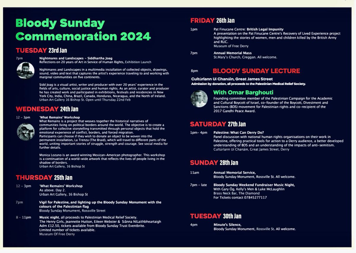 🗓️Network members @BloodySundayT / @MuseumFreeDerry  have launched their Bloody Sunday Commemoration programme for January 2024.

All proceeds are going to Palestinian Medical Relief Society.
All welcome!

#oneworldonestruggle #bloodysunday52