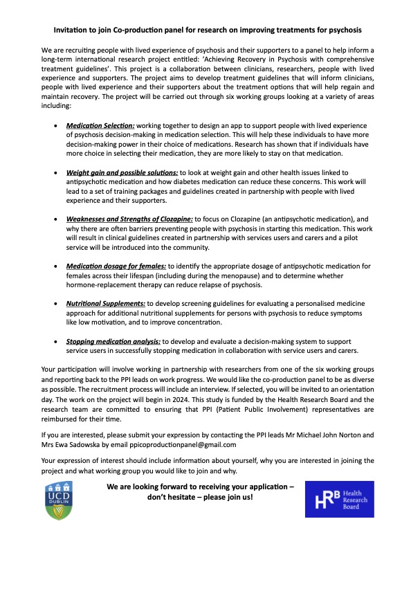 Delighted to be PPI Lead on this @hrbireland funded project led by Brian O'Donoghue (@ucddublin). We are seeking those with lived/family experience of psychosis to join a co-production panel to support this work. For more info email: ppicoproductionpanel@gmail.com @PPI_Ignite_Net