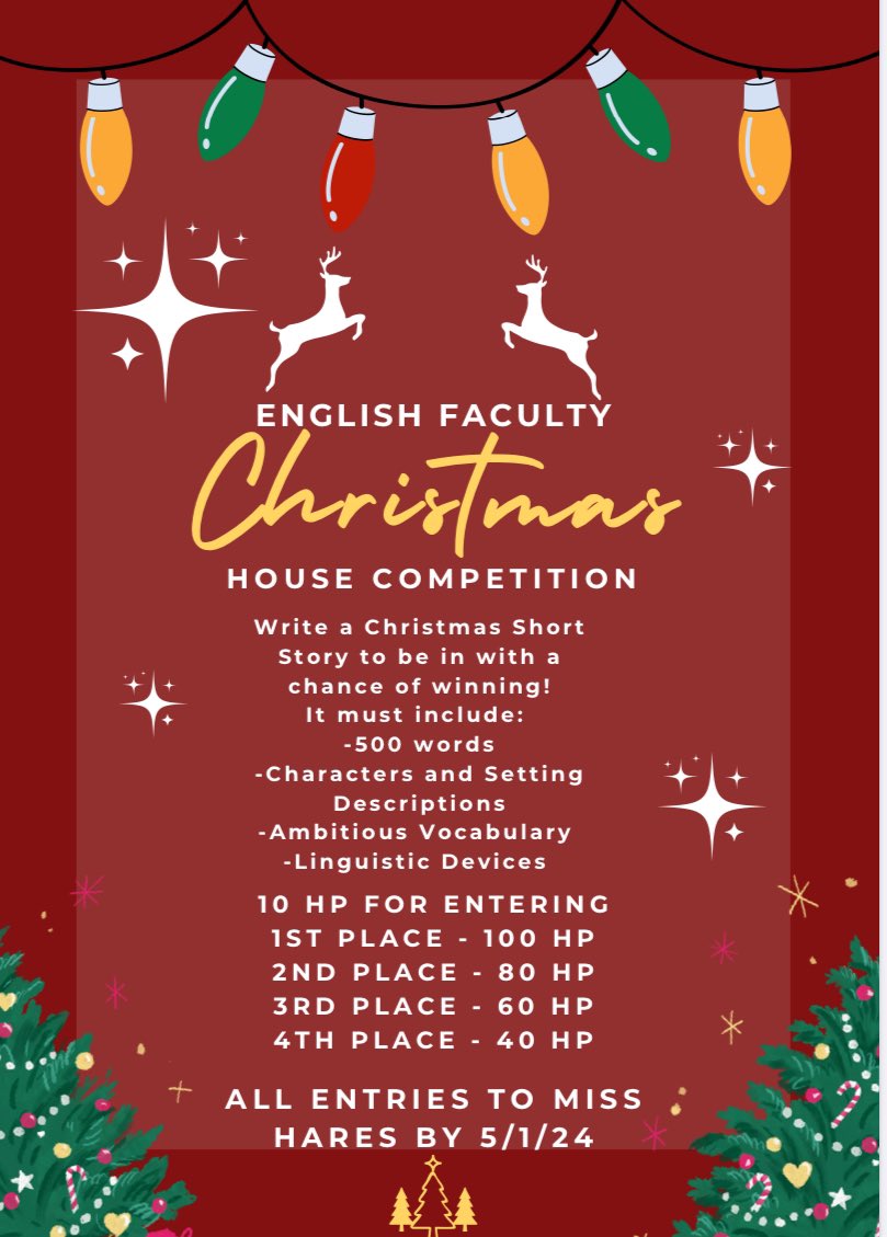🎄Are you a budding writer and fancy writing a Christmas short story? Enter our English Faculty festive house competition @ReddenCourt for the chance to win 100 house points! ⬇️See the poster below or ask an English teacher for details!