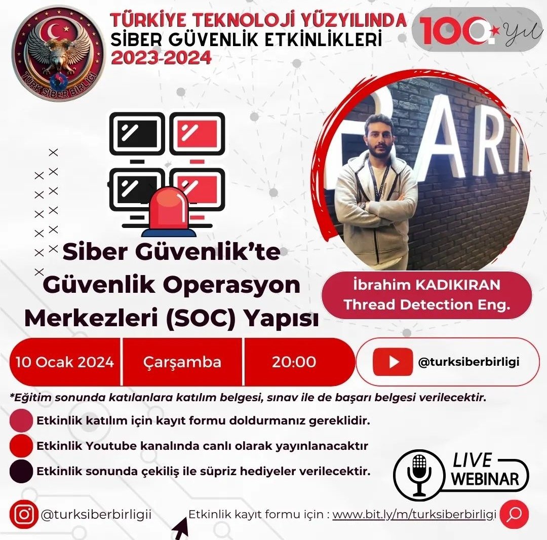 İbrahim KADIKIRAN (@ibrhmkdkrn) on Twitter photo Merhabalar,
Benim açımdan ilk ve güzel bir deneyim olacaktır. Dilim döndüğünce bildiklerimi ve tebrübe ettiklerimi anlatmaya çalışıyor olacağım. Umarım güzel bir eğitim süreci olur herkes için.
Etkinlikle görüşmek üzere.
<a href="/turksiberbrlgi/">Türk Siber Birliği</a> Merhabalar,
Benim açımdan ilk ve güzel bir deneyim olacaktır. Dilim döndüğünce bildiklerimi ve tebrübe ettiklerimi anlatmaya çalışıyor olacağım. Umarım güzel bir eğitim süreci olur herkes için.
Etkinlikle görüşmek üzere.
<a href="/turksiberbrlgi/">Türk Siber Birliği</a>