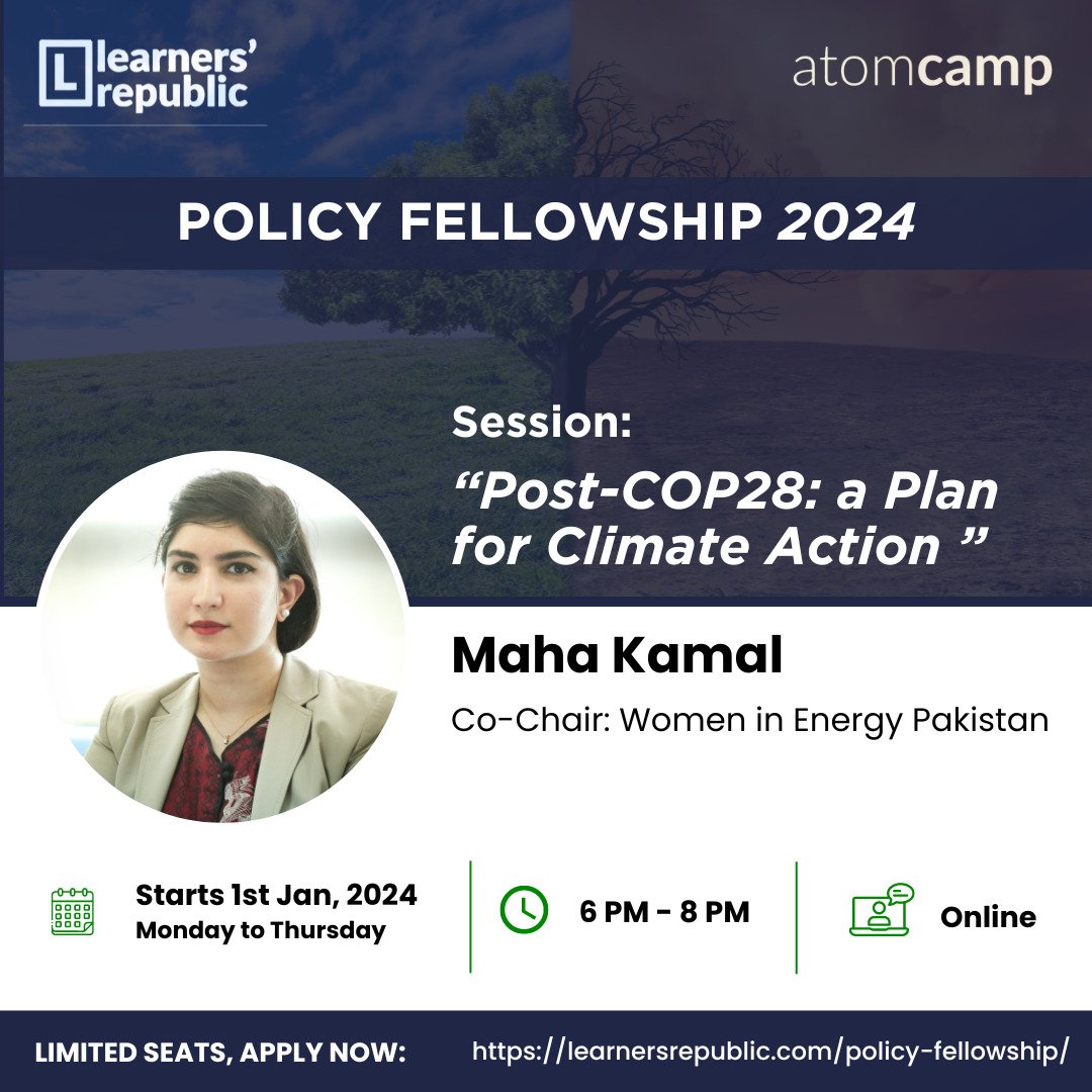 Meet Our Speakers! We have Maha Kamal, an International Policy Specilist, joining us at the Learners' Republic Policy Fellowship 2024 for a session on climate action. @emeskay's work focusses on climate governance, energy, & water security! Apply Now: atomcamp.com/policy-fellows…