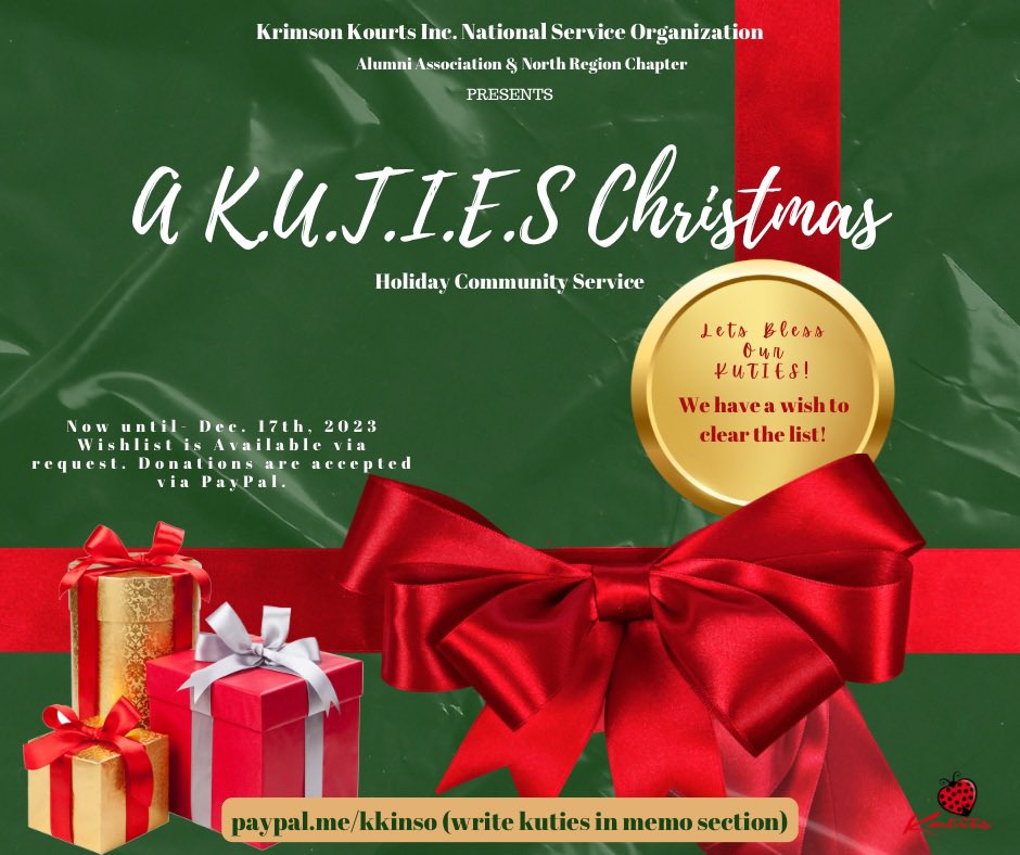 A K.U.T.I.E.S Christmas is underway 🗣️🗣️ 

This is a community service opportunity to bless our KUTIES. All donations and purchases should be in no later than December 17th to ensure that they’re available for their annual holiday party 🎄❤️

#KKINSO2005 #Communityservice