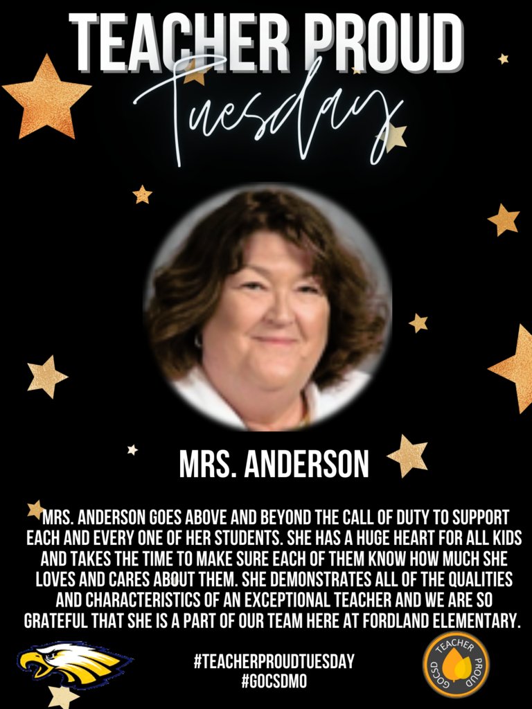 If you see Mrs. Anderson today, help us express our gratitude for all she does! 
 Congratulations, Mrs. Anderson!  #TeacherProudTuesday