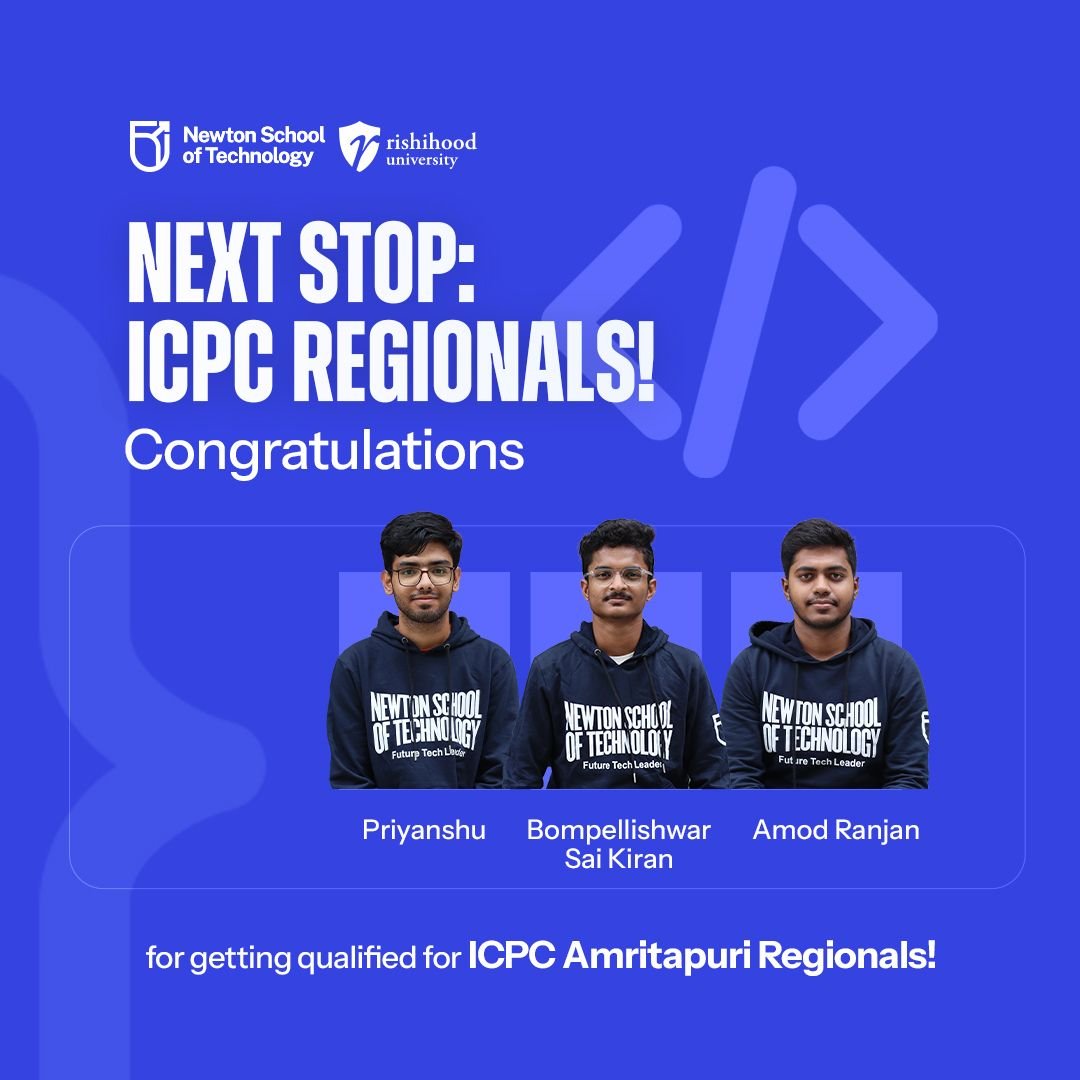 Pumped to share that a team of first year rockstar coders of Newton School of Technology have cleared the prelims and made it to the Amritapuri regionals round of ICPC - the world's most prestigious coding contest 👏👏👏