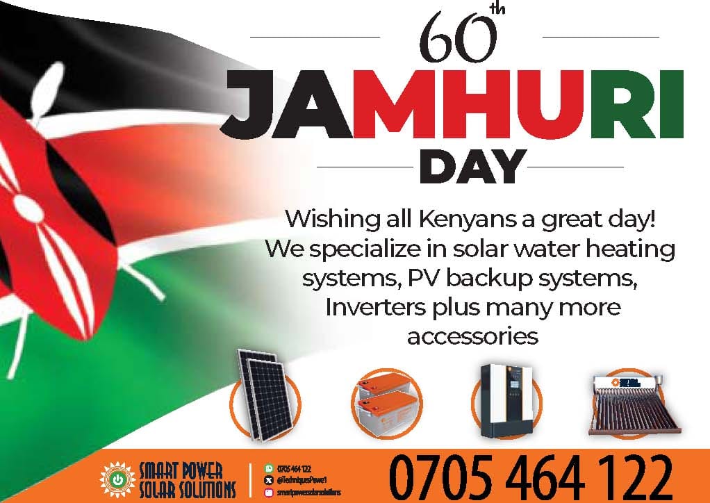 Happy jamuhuri day 🇰🇪 for all professional solar services
Solar power backups services ✔️
Solar water heating ✔️
Solar pump services ✔️
We're the right partner to walk you the solar journey
#JamhuriDay2023
#JamhuriDay
#KenyaAt60
#kenyaindependence