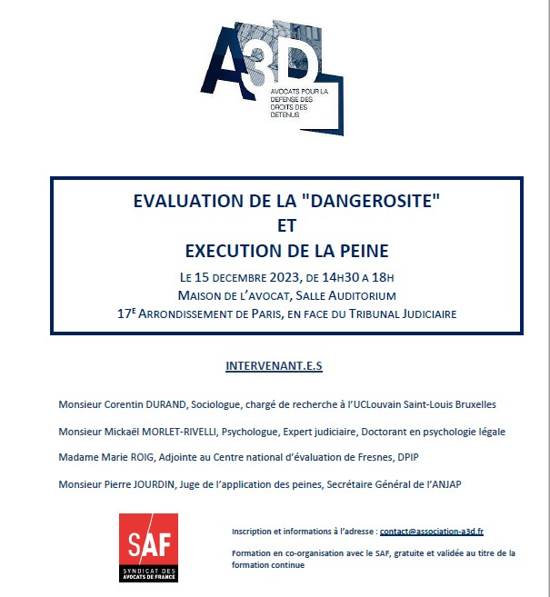 Ce vendredi, de 14h30 à 18h, l'@AssociationA3D et le @syndicatavocats organisent une formation sur le thème des évaluations de la 'dangerosité' et de leur poids dans l'exécution de la peine. #prison #applicationdespeines Rejoignez-nous ! Inscription > framaforms.org/inscription-fo…