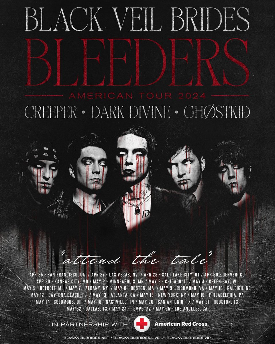 WE WANT YOU BLEEDERS!
🩸AMERICAN TOUR 2024
with @creepercult @darkdivineofficial <a href="/ghostkiddo/">Ricardo</a>
PRE-SALE NOW! Use code BVBARMY for Early Access!
BlackVeilBrides.net
🩸In Partnership with @americanredcross for a cause that truly matters.
VIP coming on Friday!