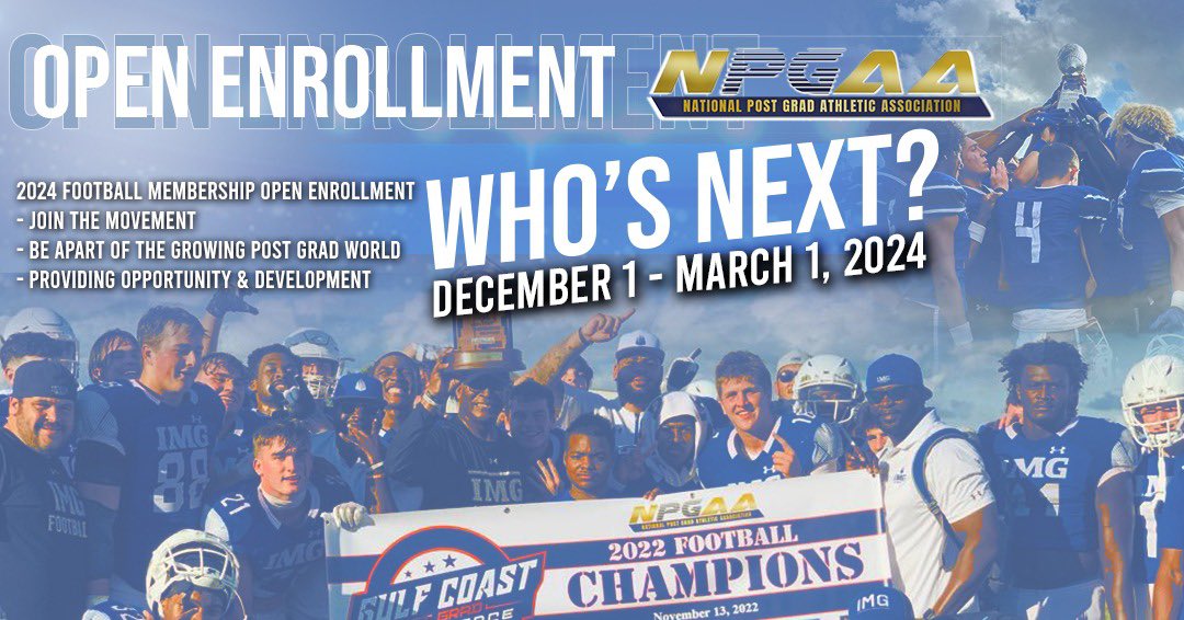 @Thenpgaa Post Grad Football Open Enrollment starts here. Does your Post Grad program have what it takes to compete against some of the top Post Grad Football programs in the country. Join us for a chance to be crown Post Grad Football National Champions. forms.gle/jx1LsfTShWu2sy…
