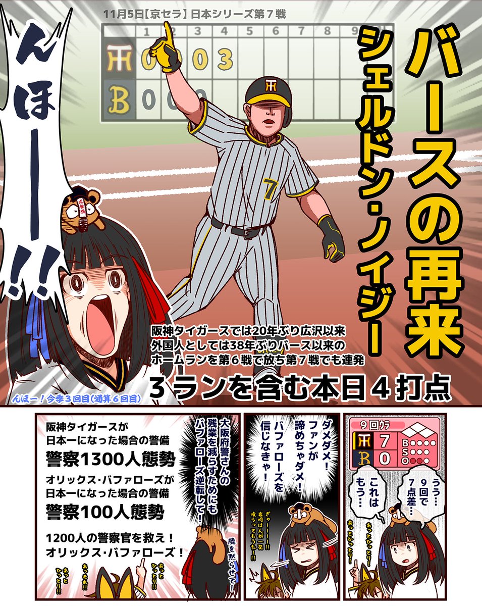 #それいけ鯉依奈ちゃん 2023 第99話『日本シリーズ第7戦』  阪神タイガースとオリックス・バファローズの関西ダービーも3勝3敗のシーソーゲームを経て最終局面に。外野から8戦目を望む声もあがる中、大河ちゃんと織姫ちゃんの眼前に、遂に!阪神ファン長年の宿願…神様、バースの再来が訪れる!!