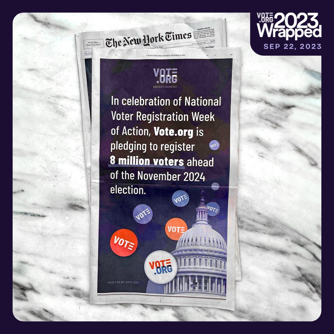 Our 2023 Wrapped: Start spreading the news… We’re pledging to register 8 million voters ahead of the November 2024 election. We had a great start in 2023, but we need your help! Find everything you need to be #VoteReady by visiting: vote.org/am-i-registere… #VDOWrapped2023