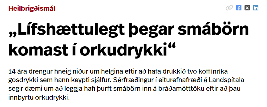 Það er nú kannski óþarfi að kalla drenginn smábarn þótt hann hafi ekki ráðið við einn Monster...
„Lífshættulegt þegar smábörn komast í orkudrykki“ - rúv.is (ruv.is)