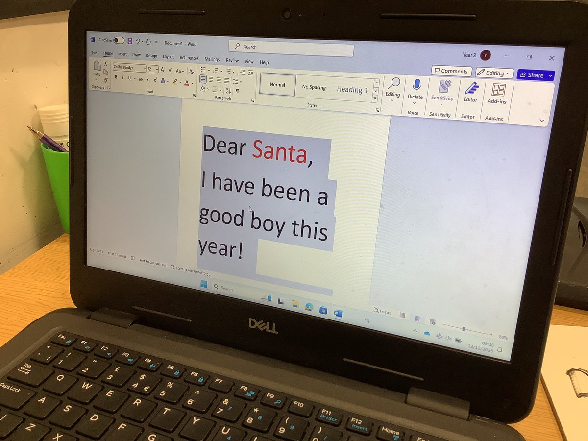 ComputingHG's tweet image. Y3: I can use keyboard shortcuts Ctrl+A, Ctrl+B

Our superstar Leo typed a letter to Santa and then used Ctrl+A to select all and change the text colour followed by Ctrl+B to make parts of the text bold. 👏 🎅 🎄 

#HardwickGreenPA
#HardwickComputing