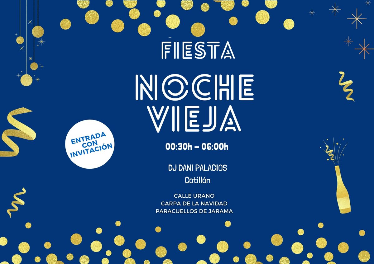 El Ayuntamiento de Paracuellos de Jarama organiza una fiesta para celebrar la Nochevieja. La carpa se ubicará en la calle Urano, en el tramo comprendido entre el paseo del Radar y la avenida de los Deportes paracuellosdejarama.es/es/noticias/20…