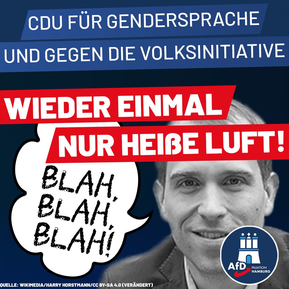 Doppelzüngige CDU Hamburg! Erst sammeln sie Unterschriften für die Volksinitiative kontra Gendersprache. ✅ Dann stimmt im Parlament jeder CDU-Abgeordnete dagegen. ⛔️ Die restliche CDU-Hälfte verlässt den Plenarsaal. 🤡#CDU #Gendern