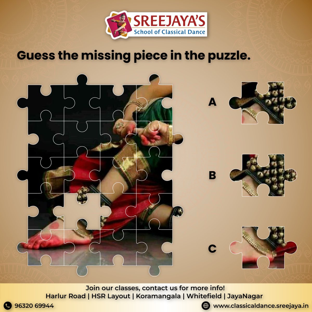 Find the missing piece in the puzzle.
Learn Professional #Bharatanatyam from #SSCD 

#classicaldanceclasses #bharatanatyamdance #DanceClass #Dance  #bharathanatyamdancer #bharatnatyamdanceclass #bharatnatyamlove #bharatnatyamdiaries #quiz #puzzle #puzzletime #bharatnatyamquiz