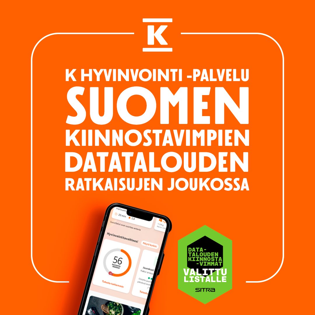 kryhma's tweet photo. Tänään julkaistu @SitraFund'in Datatalouden kiinnostavimmat -lista kokoaa yhteen dataa oivaltavasti käyttäviä ratkaisuja. Mukaan nousi myös K:n asiakkailleen rakentama Hyvinvointi-palvelu. #datataloudenkiinnostavimmat #datatalous Lue lisää: https://t.co/TkXanR8SQW https://t.co/6JqPw0mChs