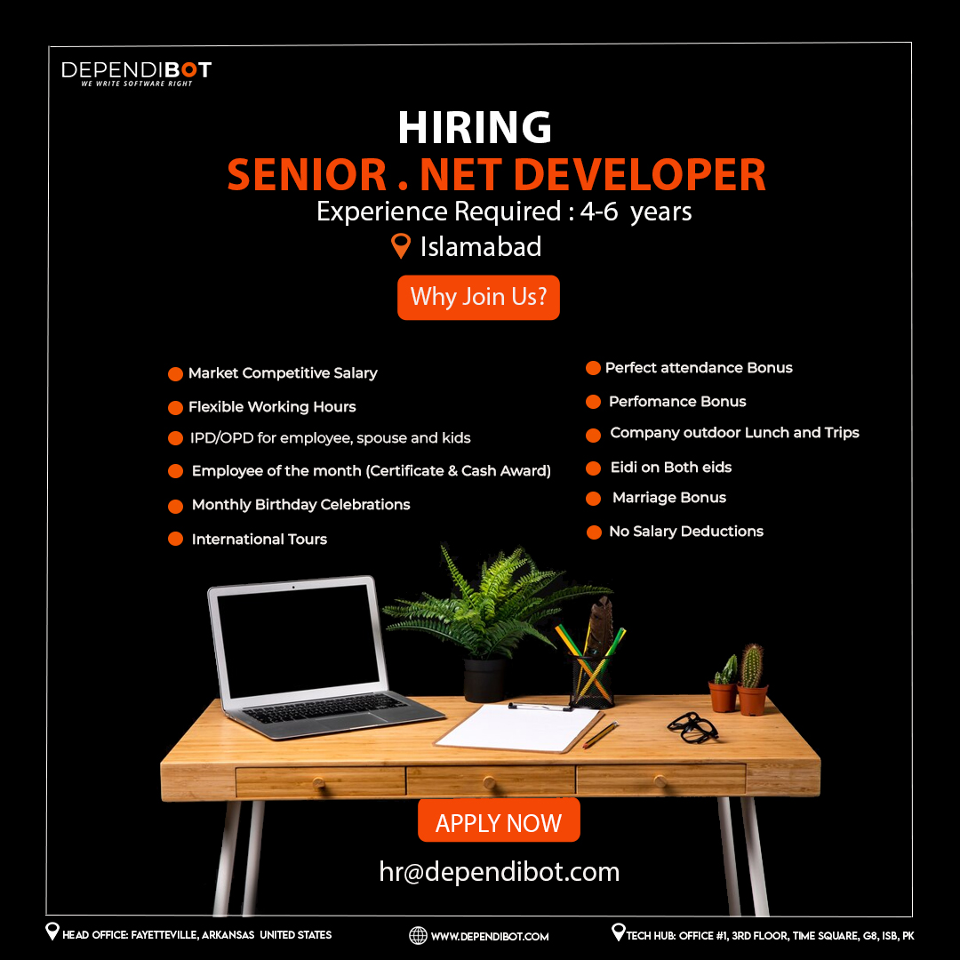 Join our Team! We're hiring a Senior .NET Developer with 4-6 years of experience in Islamabad. Elevate your career with us! 💻✨

Send your resume to hr@dependibot.com

#techopportunity #jobopening #islamabadjobs #dotnetdeveloper #dotnetjobs #dotnetdevelopment