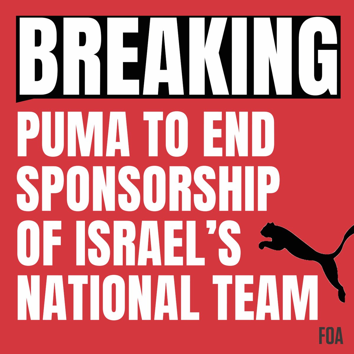 🚨 BREAKING 🚨 

@puma has JUST announced that the company is terminating its sponsorship of Israel's national football team next year. 

This is the fantastic result of targetted boycott campaign of PUMA over the past few years. 

Incredible news! 👏🏽

#BoycottPUMA #FreePalestine